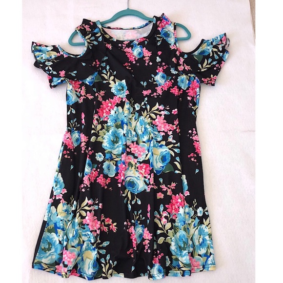 NWT XL Cold Shoulder Black & Floral Mini Dress - Picture 5 of 7